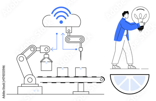 Factory robotic arm assembling products, wireless technology in operation, person holding a lightbulb for innovation. Ideal for technology, automation, creativity, manufacturing, connectivity