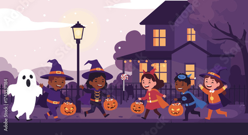 Children dressed as Halloween characters trick-or-treating in front of a spooky house at night
