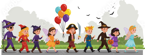 Children Participating in a Festive Halloween Costume Parade with Balloons and Giveaways in a