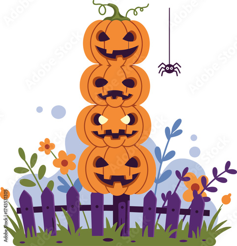 Festive Halloween display featuring stacked jack-o'-lanterns with eerie faces and playful
