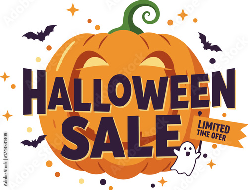 Festive Halloween Sale Announcement Featuring a Grinning Jack-O'-Lantern with a Ghost and Spooky