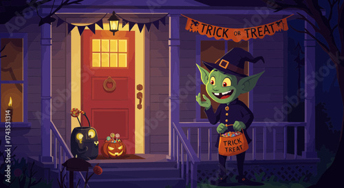 festive halloween scene featuring a cheerful goblin in a witch costume at a decorated door