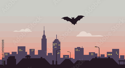 Gothic Bat Flying Over a City Skyline During Sunset Creating a Mysterious Atmosphere