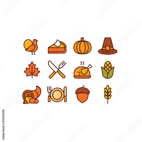 Thanksgiving Holiday Line Icons Set: Turkey, Pumpkin, Cornucopia, Autumn Leaves