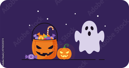 Halloween themed cartoon illustration with carved pumpkins and spooky ghost under a starry night sky