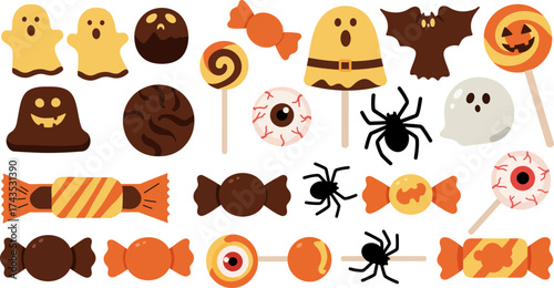 Halloween themed sweets and spooky decorations set with candies, ghosts, and jack-o'-lanterns for