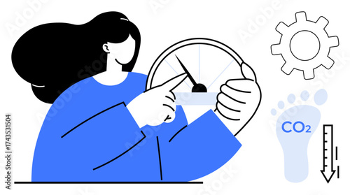 Woman holding and pointing at a gauge, gear symbolizing processes, CO2 footprint, and thermometer. Ideal for sustainability, climate action, environment, innovation, energy efficiency awareness