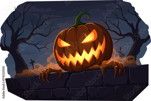 Spooky Halloween Scene Featuring a Menacing Jack-o'-Lantern on a Haunted Night