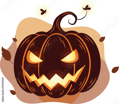 Spooky Halloween-themed carved pumpkin with sinister glowing eyes and jagged mouth for festive decor