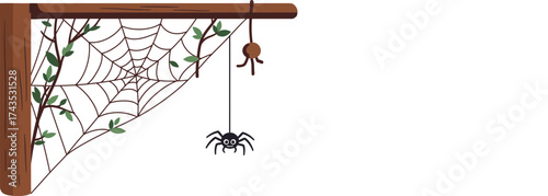 Spooky Halloween-themed Spider and Web Decoration with Hanging Jack-o'-Lantern and Branches