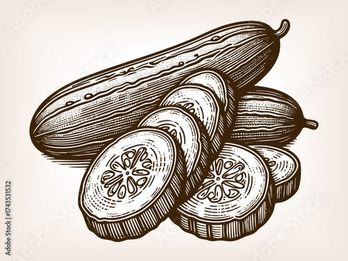 cucumbers, both whole and sliced, symbolizing fresh vegetables, healthy food, and natural nutrition sketch engraving generative ai vector illustration. Scratch board imitation. Black and white image.