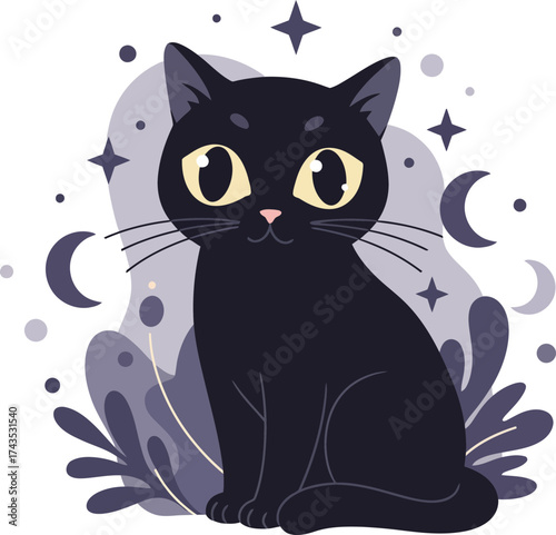 Whimsical black cat with large yellow eyes surrounded by celestial symbols and moon phases in a