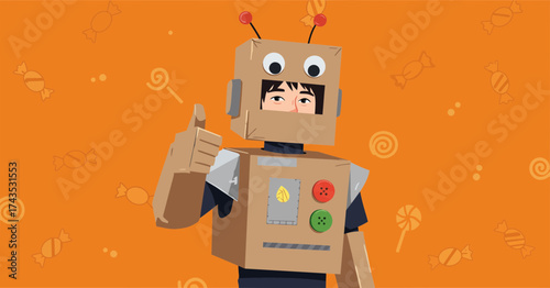 Whimsical Child Wearing a Creative Robot Costume with Vibrant Background