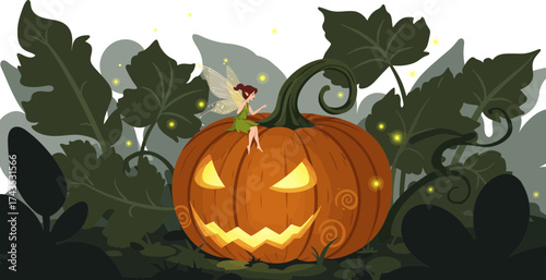 Whimsical fairy overseeing a glowing haunted pumpkin carved with a sinister grin amidst mystical