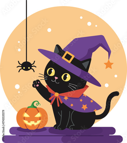 Adorable black cat dressed as a witch wearing a purple hat with a pumpkin and spider for Halloween