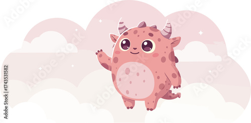 Adorable Cartoon baby dragon with pink scales and tiny horns floating among fluffy clouds in a