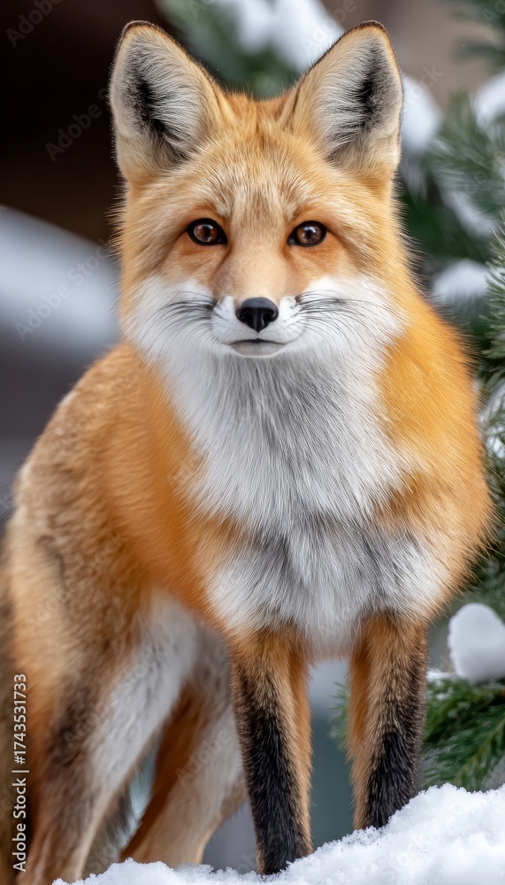 Obraz premium Majestic red fox in a serene winter forest, showcasing its beauty amidst the snowy landscape.