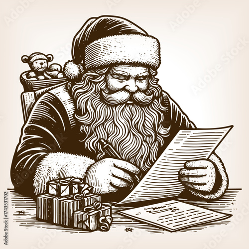 Santa Claus with sack of toys and presents, reading Christmas list, tradition and holiday spirit sketch engraving generative ai fictional character vector illustration. Scratch board. Black and white.