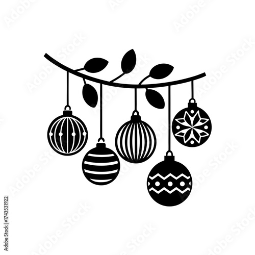 Ornamental christmas balls hanging on branch on transparent background silhouette