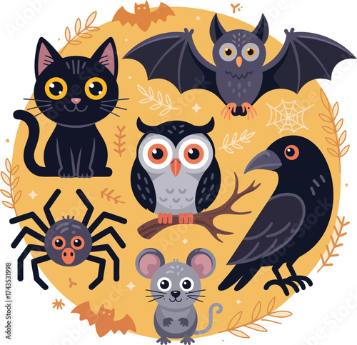 Cute Halloween Characters Including Black Cat, Bat, Owl, Spider, Raven and Mouse Keywords: halloween, cute, characters, black cat