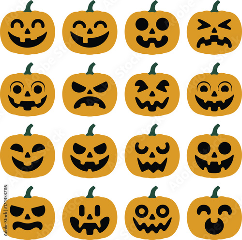 Grid of Sixteen Orange Pumpkins with Various Carved Jack-o'- Lantern Faces Halloween