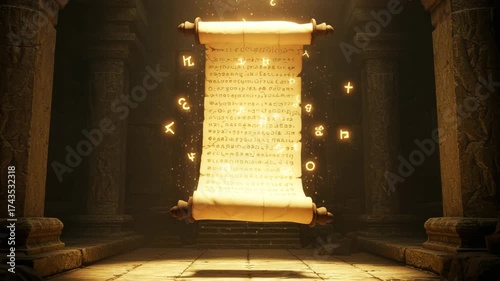 Ancient scroll floating in temple, magical glowing manuscript