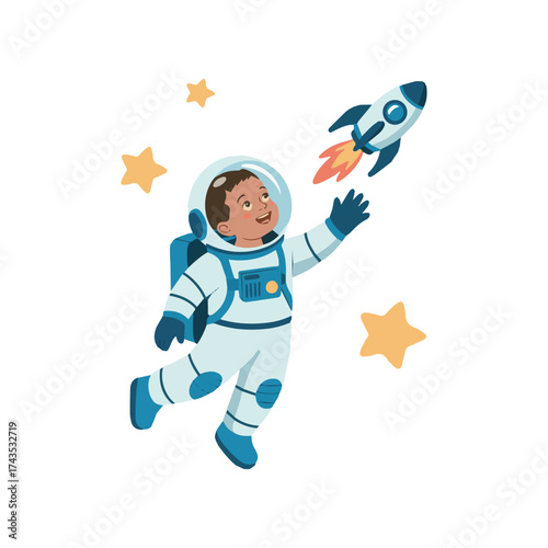 Cute little astronaut floating in space cartoon illustration for t-shirt, sticker and more designs