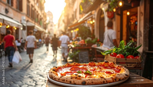 Fototapeta Naklejka Na Ścianę i Meble -  Pizza in a bustling Roman street at sunset