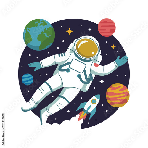 Cute little astronaut floating in space cartoon illustration for t-shirt, sticker and more designs