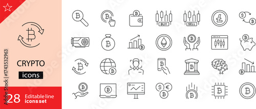 Crypto icons set. Includes symbols of cryptocurrency, blockchain, bitcoin, digital wallet, mining, trading, and decentralized finance. Editable stroke. Vector illustration. Outline icons. 