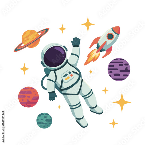 Cute little astronaut floating in space cartoon illustration for t-shirt, sticker and more designs
