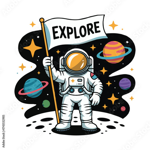 Cute little astronaut floating in space cartoon illustration for t-shirt, sticker and more designs