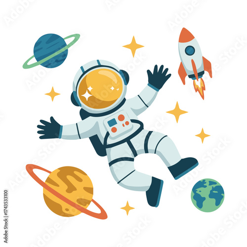 Cute little astronaut floating in space cartoon illustration for t-shirt, sticker and more designs