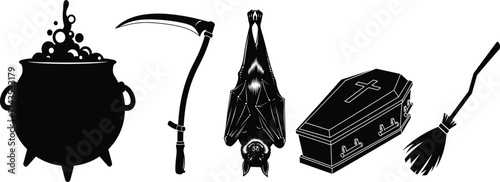 Halloween Icons Cauldron Scythe Bat Coffin and Broomstick on White Background Keywords: Halloween, icons, cauldron, scythe, bat