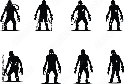 Chained Zombie Silhouette Vector Collection of Standing Undead Creatures for Halloween Horror Themes, Dark Character Design, and Scary Illustrations