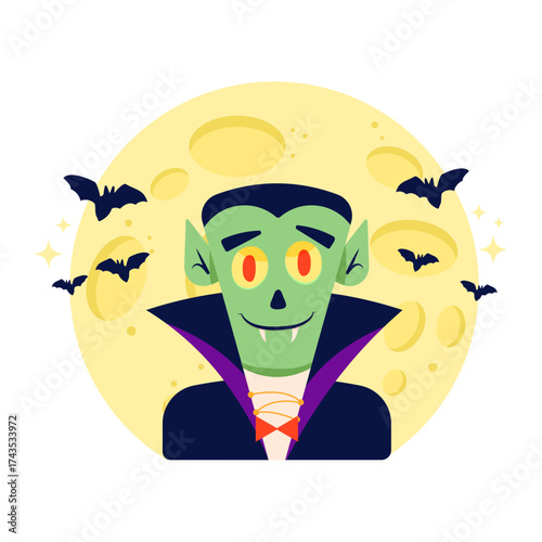 Halloween vampire cartoon illustration with full moon and bats