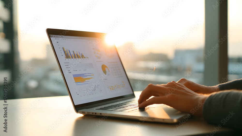 custom made wallpaper toronto digitalA person works on a laptop displaying financial data, typing on the keyboard with hands in a  shot.