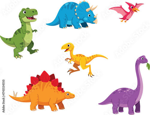 Colorful cartoon dinosaur vector set featuring T-Rex, Triceratops, Pterodactyl, Stegosaurus, and more on white background for kids