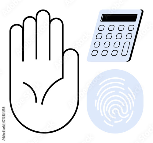 Outlined hand, fingerprint scan, and digital authentication device represent biometrics in security and fintech. Ideal for technology, security, identity, fintech, accessibility, innovation data