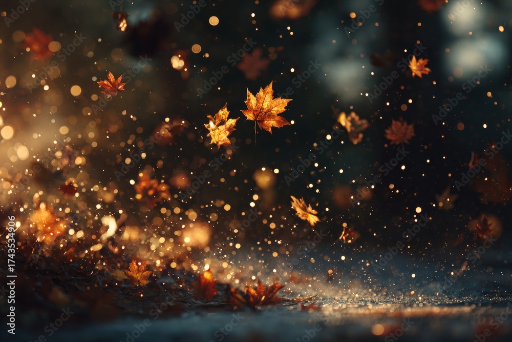 Naklejka premium A kaleidoscope of autumn: exploring the forest's rich palette. Upscale style. Subdued autumn leaves showering a softly lit forest landscape. Designer fashion. Opulent look.