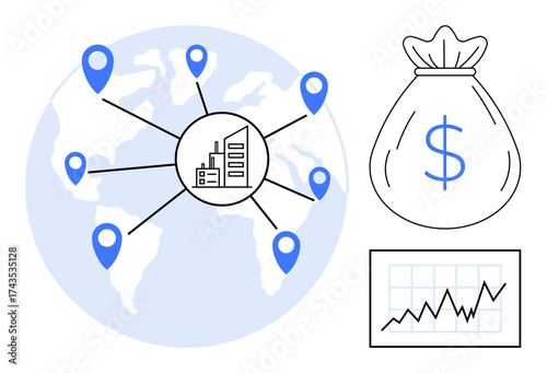 World map with location markers connecting to a central business hub, dollar bag signifying profit, and a chart representing financial growth. Ideal for global trade, economy, finance, investment