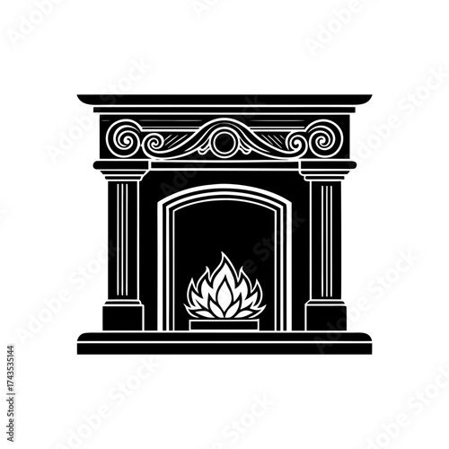 Burning skull on a pedestal in black ink on transparent background silhouette