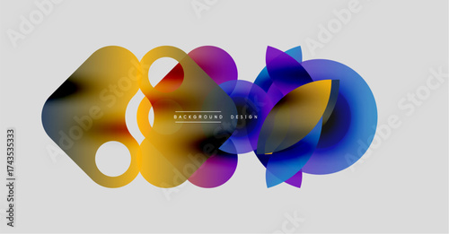 Abstract colorful shapes overlap, creating dynamic visual effect. Gradient hues blend smoothly, modern design element.