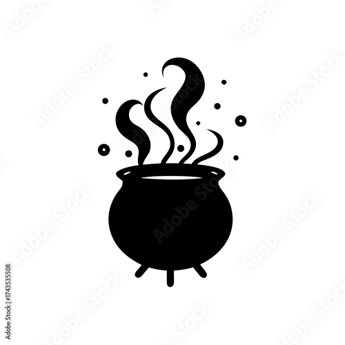 Steaming black cauldron with rising smoke on transparent background silhouette
