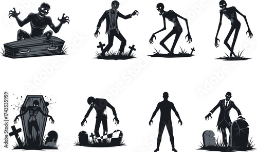 Creepy cartoon zombie characters rising from graves and coffins, spooky horror undead monsters, Halloween vector silhouettes for scary designs