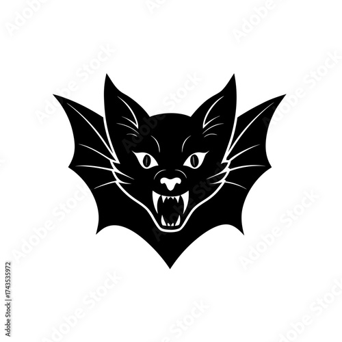 Silhouette of a bat with pointy fangs out on transparent background