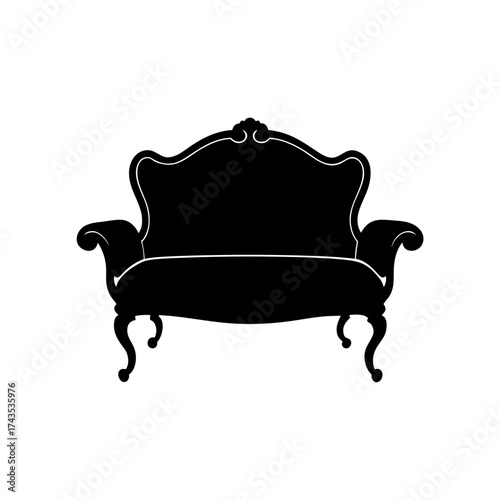 Silhouette of an ornate victorian couch on transparent background