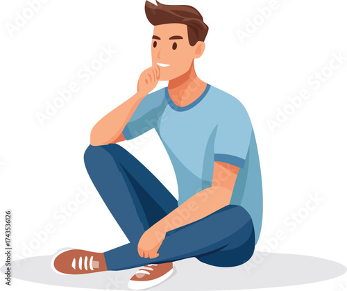 Young Man Sitting and Thinking Vector