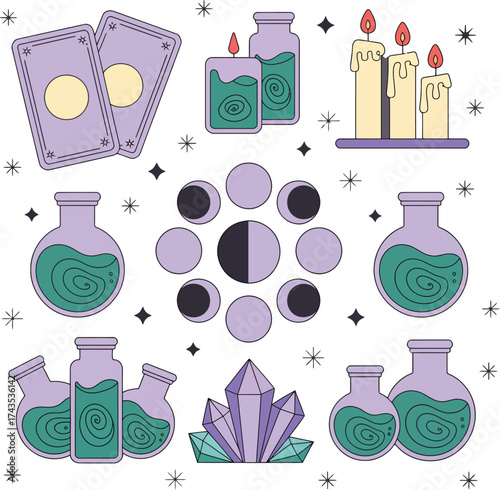 Mystical Collection of Tarot Cards Candles Moon Phases Potion Bottles and Crystals