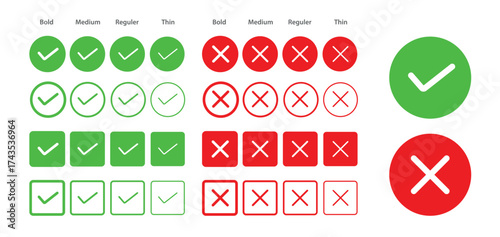 Check mark icon illustrated with true or false icon, round and square green check mark and round and square red cross mark, yes or no sign, approved or rejected icon. Flat vector illustration.
